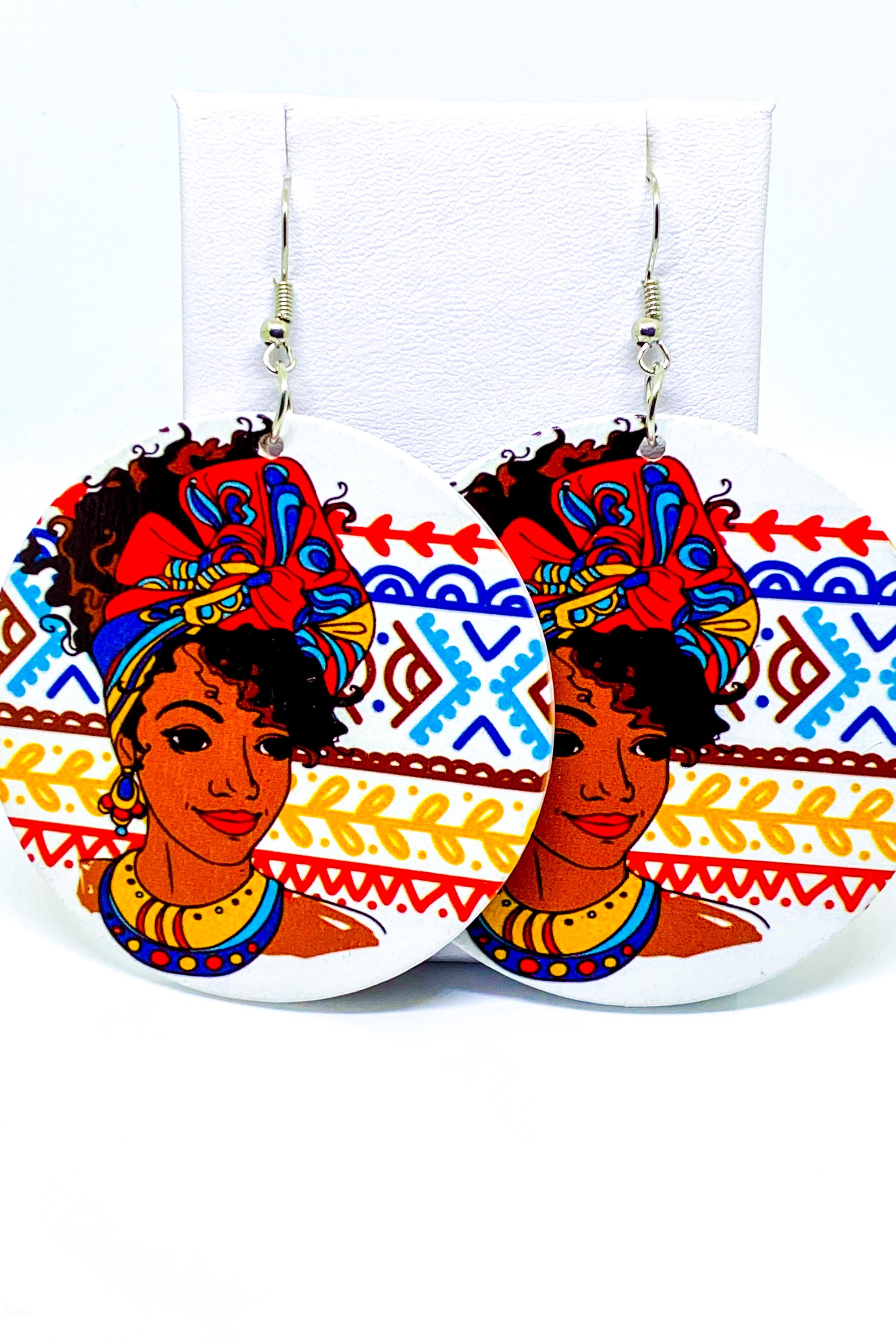 Lagos Hoop Drop Earrings in vibrant colors, showcasing a handmade wooden design with a 2.25 inch diameter.