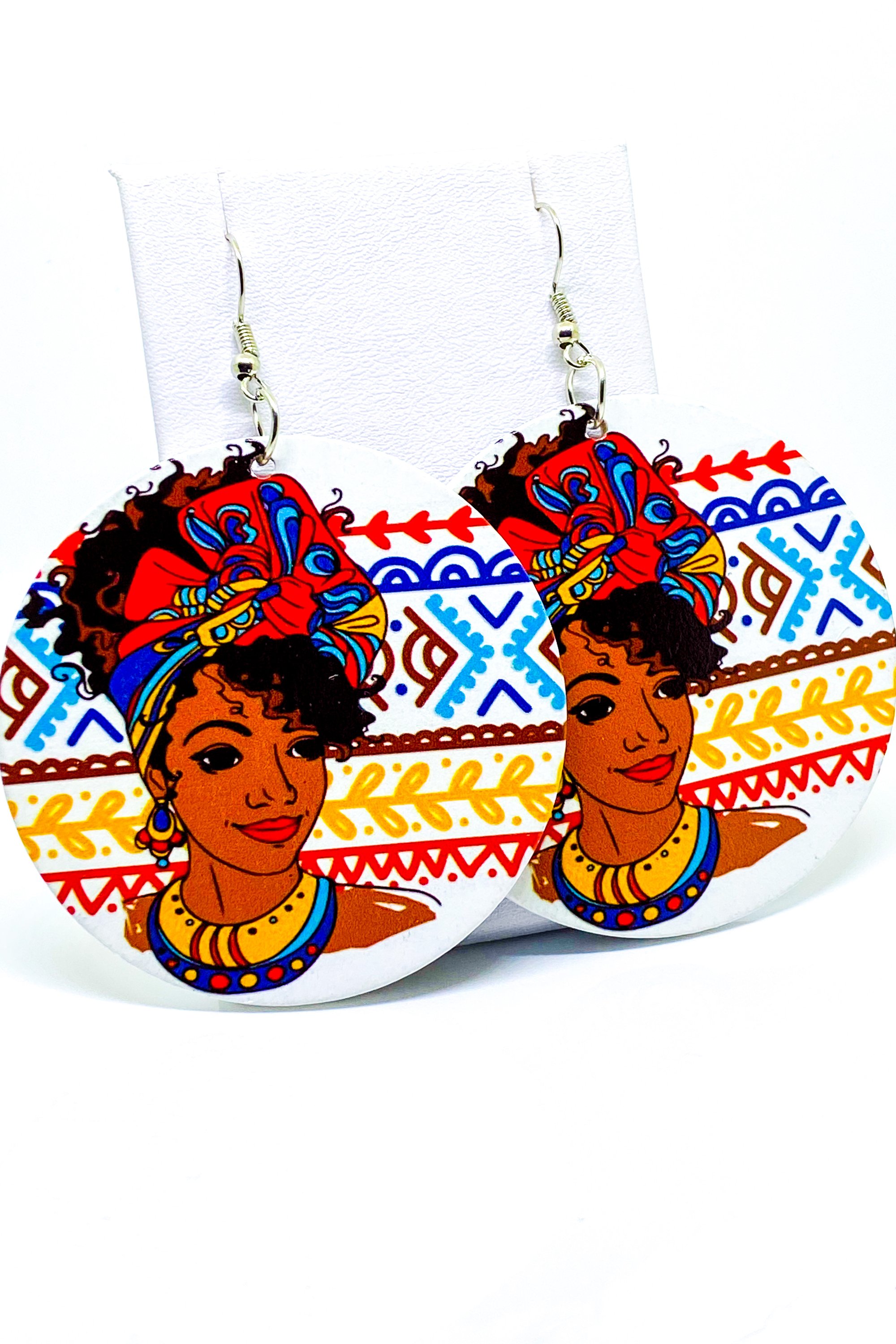 Lagos Hoop Drop Earrings in vibrant colors, showcasing a handmade wooden design with a 2.25 inch diameter.