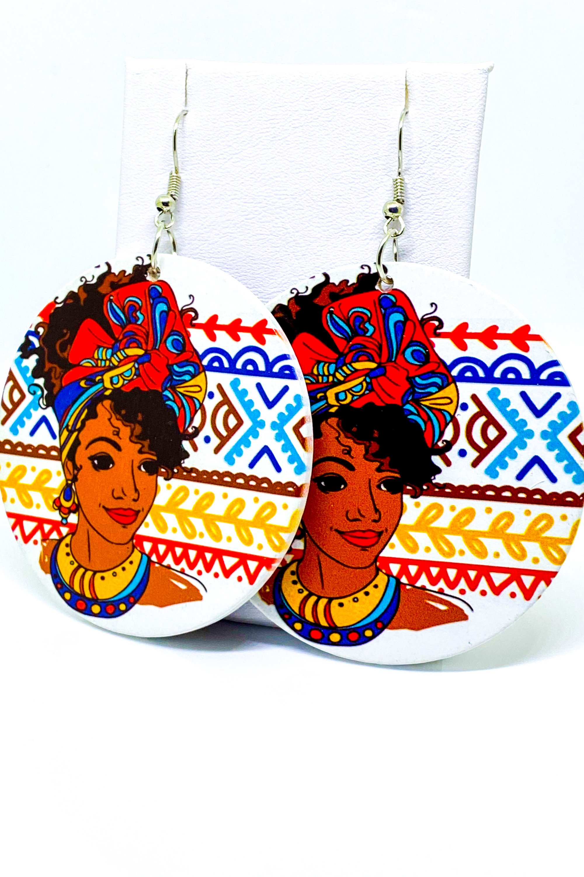 Lagos Hoop Drop Earrings in vibrant colors, showcasing a handmade wooden design with a 2.25 inch diameter.