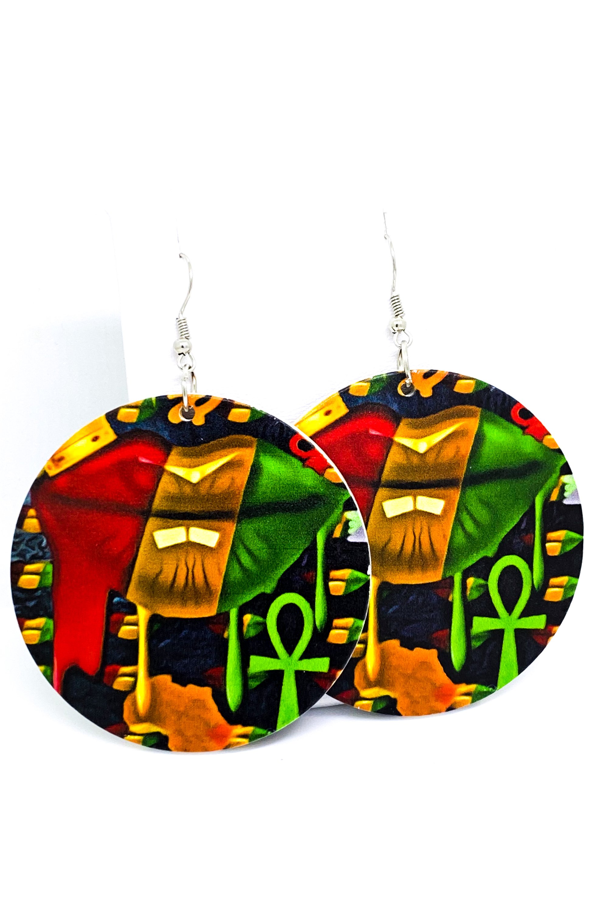 Handmade wooden hoop earrings with vibrant colors and cultural design, featuring a unique print on both sides.