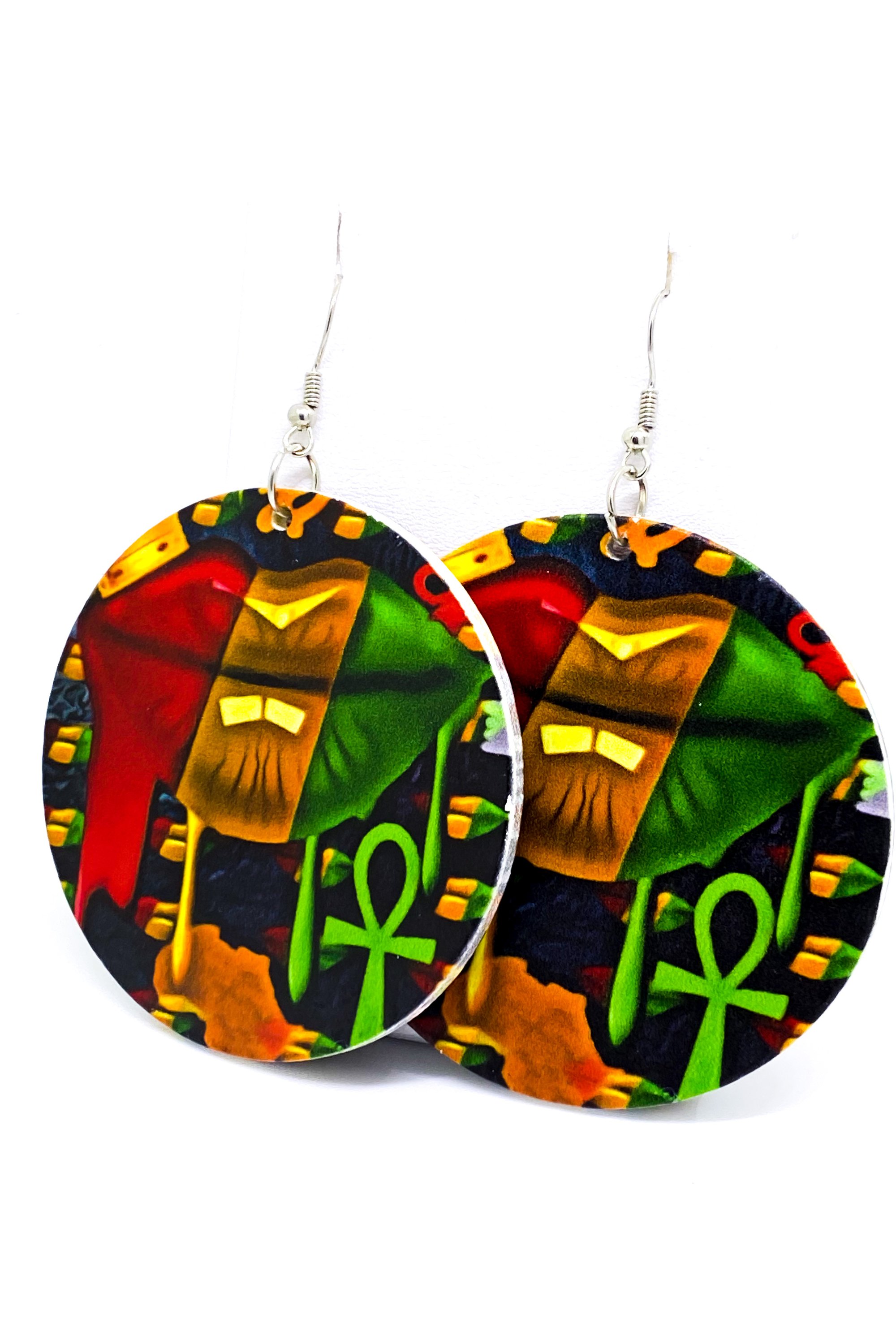 Handmade wooden hoop earrings with vibrant colors and cultural design, featuring a unique print on both sides.