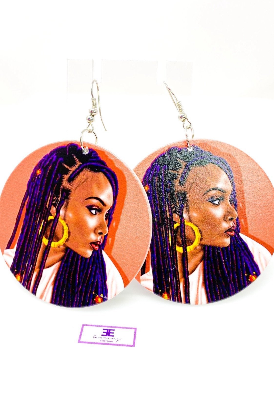 Hoops - Loc Diva wooden hoop drop earrings in brown and purple, featuring nickel-free brass ear hooks.