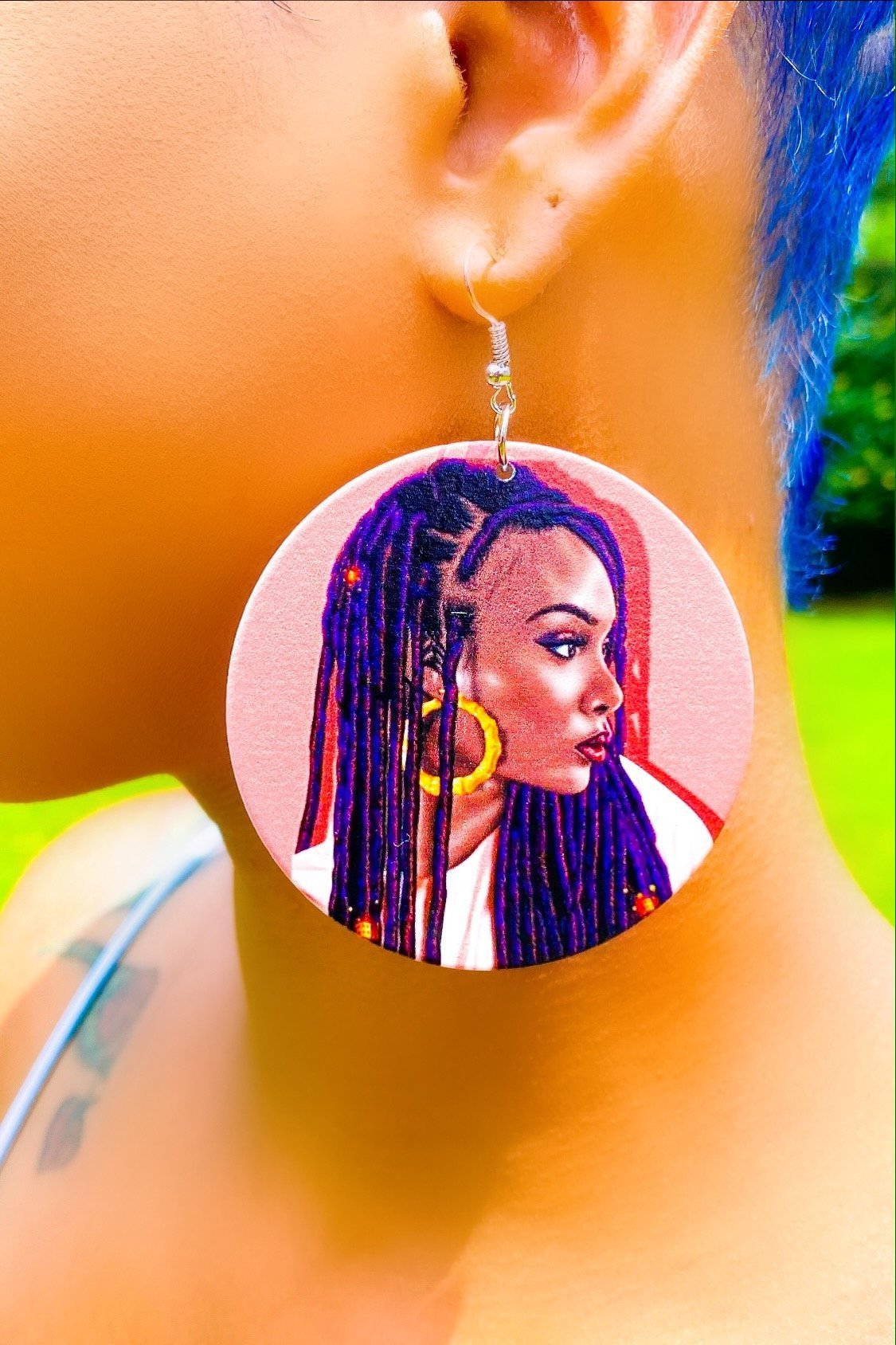 Hoops - Loc Diva wooden hoop drop earrings in brown and purple, featuring nickel-free brass ear hooks.