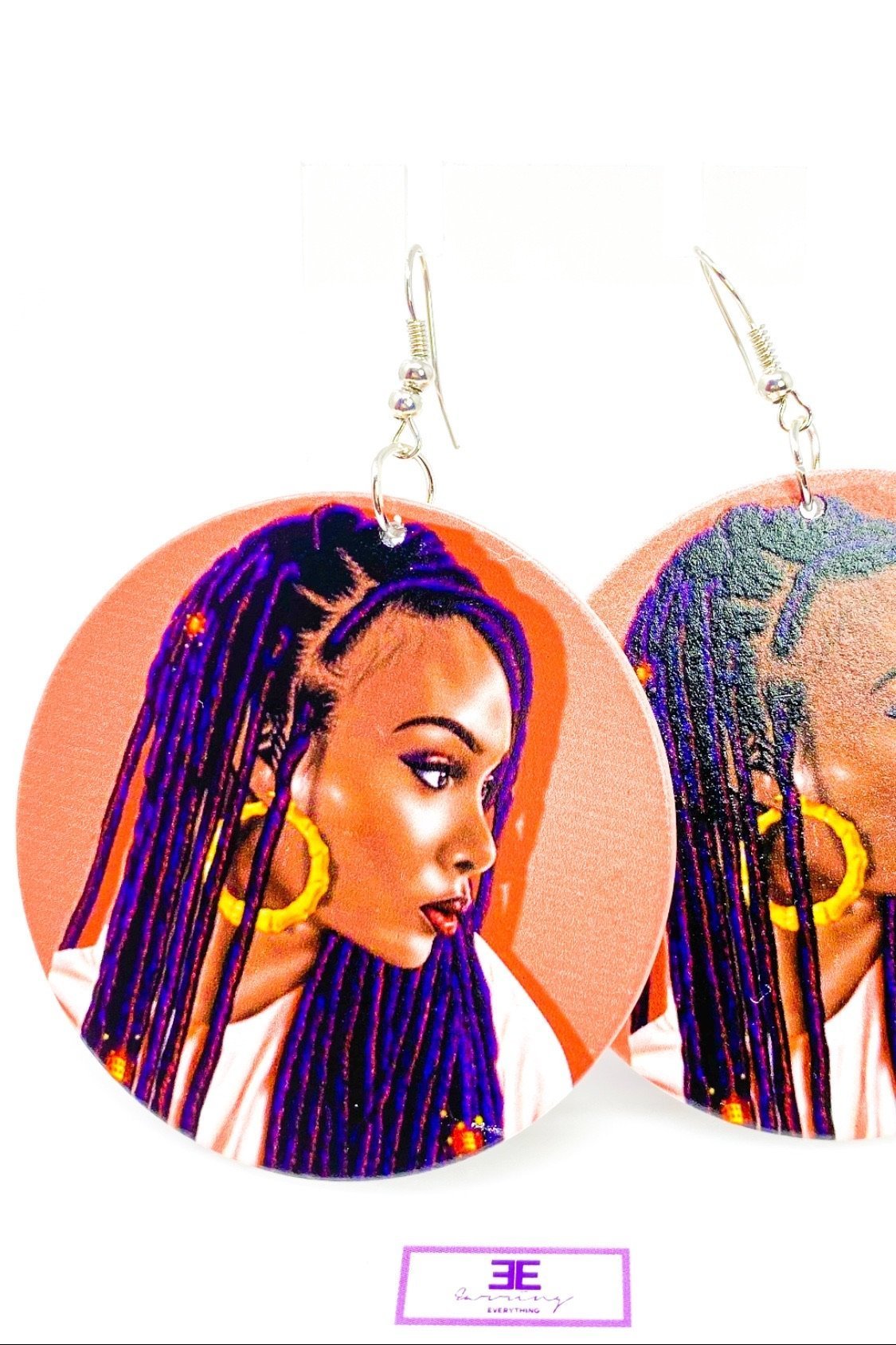 Hoops - Loc Diva wooden hoop drop earrings in brown and purple, featuring nickel-free brass ear hooks.