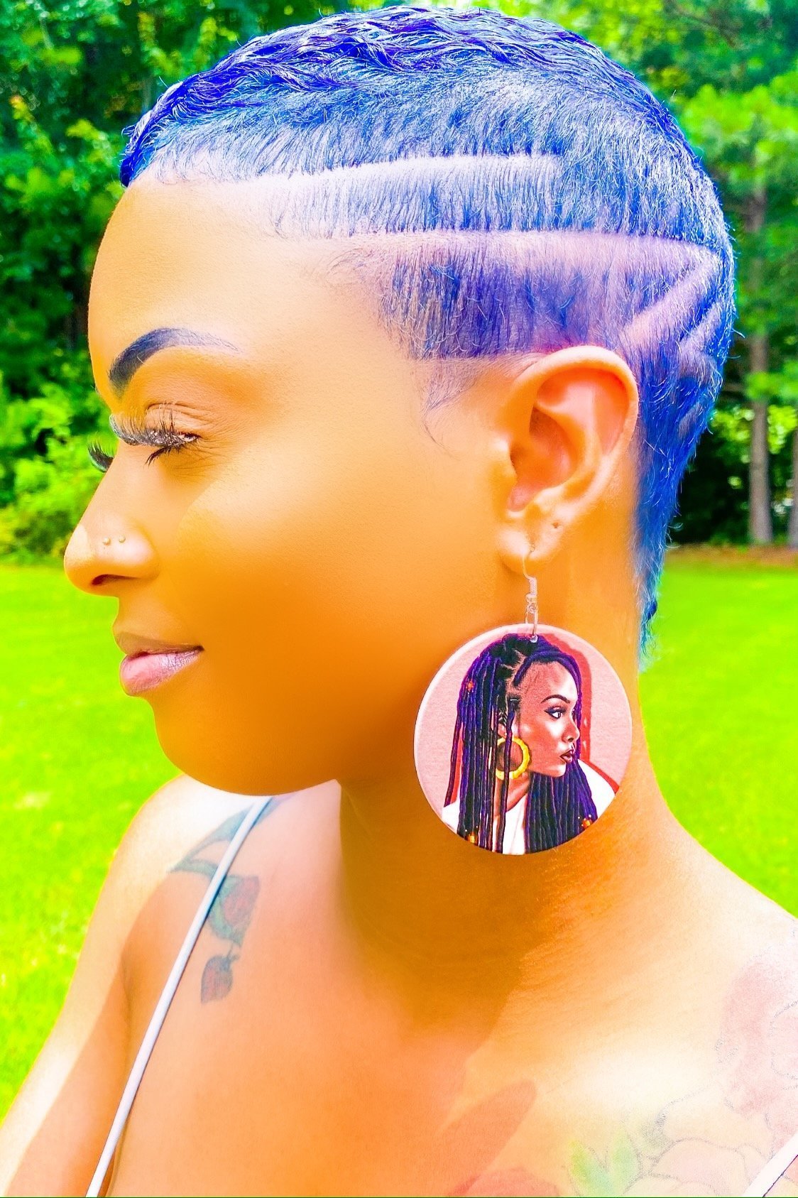 Hoops - Loc Diva wooden hoop drop earrings in brown and purple, featuring nickel-free brass ear hooks.