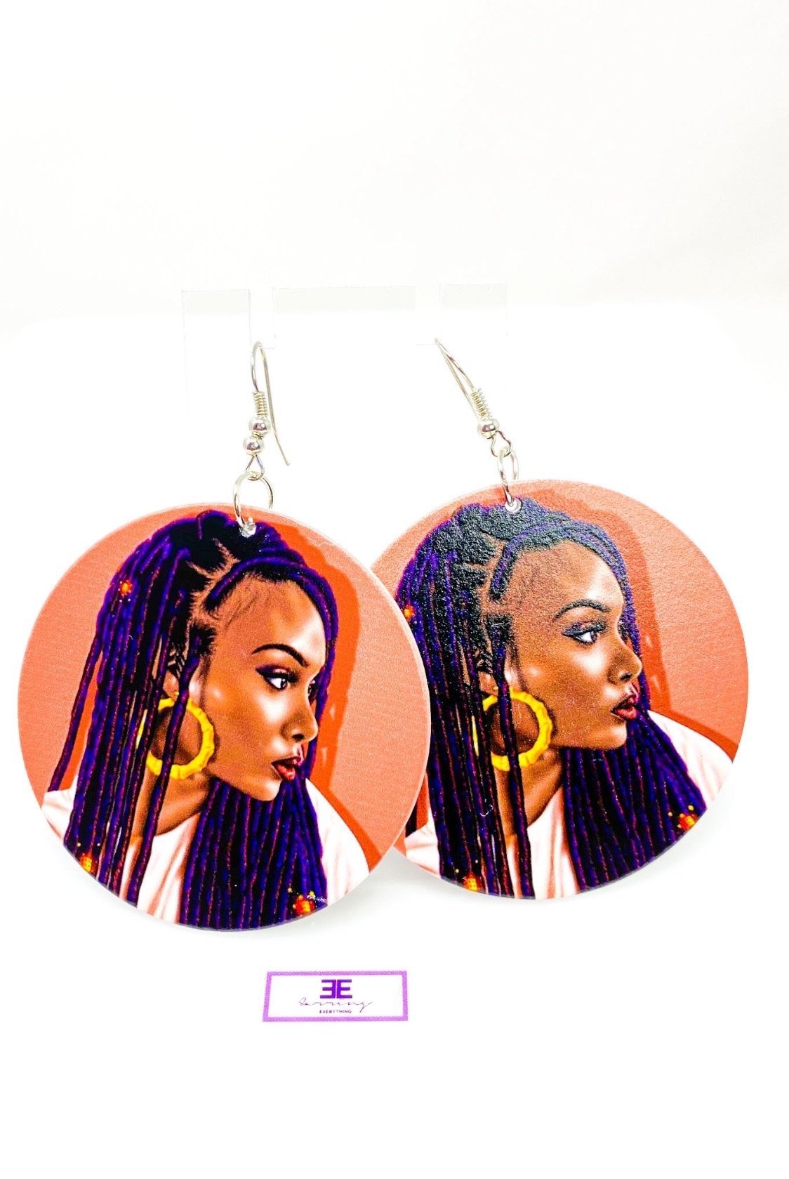 Hoops - Loc Diva wooden hoop drop earrings in brown and purple, featuring nickel-free brass ear hooks.