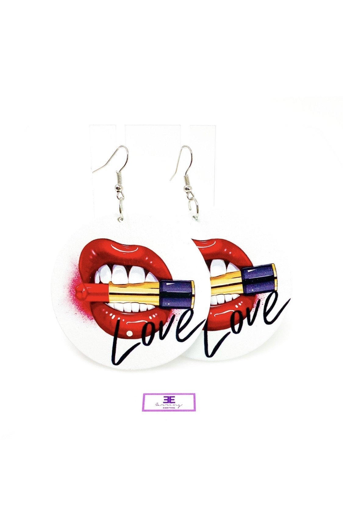 Hoops - Love, Muahhhh earrings featuring a vibrant print, handmade from wood with nickel-free brass ear hooks, showcasing a stylish cultural design.