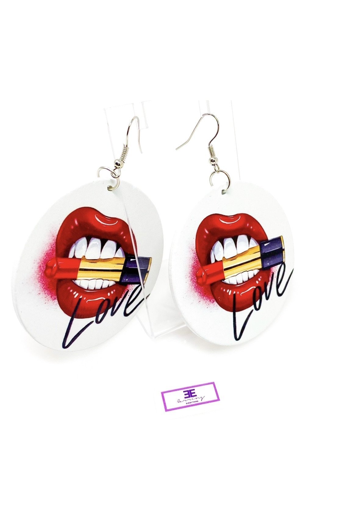 Hoops - Love, Muahhhh earrings featuring a vibrant print, handmade from wood with nickel-free brass ear hooks, showcasing a stylish cultural design.