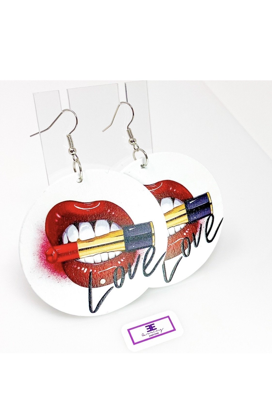 Hoops - Love, Muahhhh earrings featuring a vibrant print, handmade from wood with nickel-free brass ear hooks, showcasing a stylish cultural design.