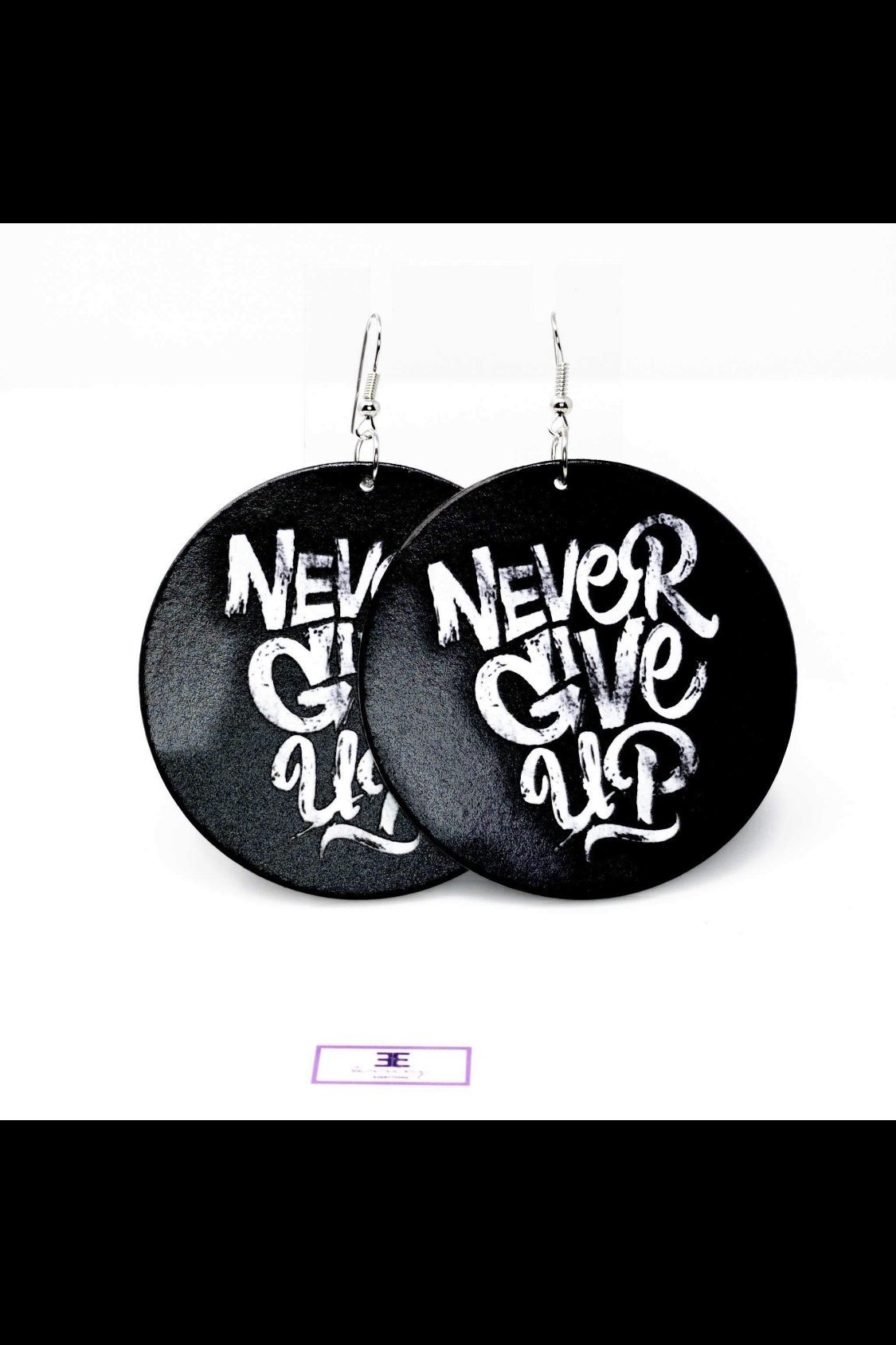 Hoops - Never Give Up earrings featuring handmade wooden design with gray and black colors, showcasing a stylish round shape.