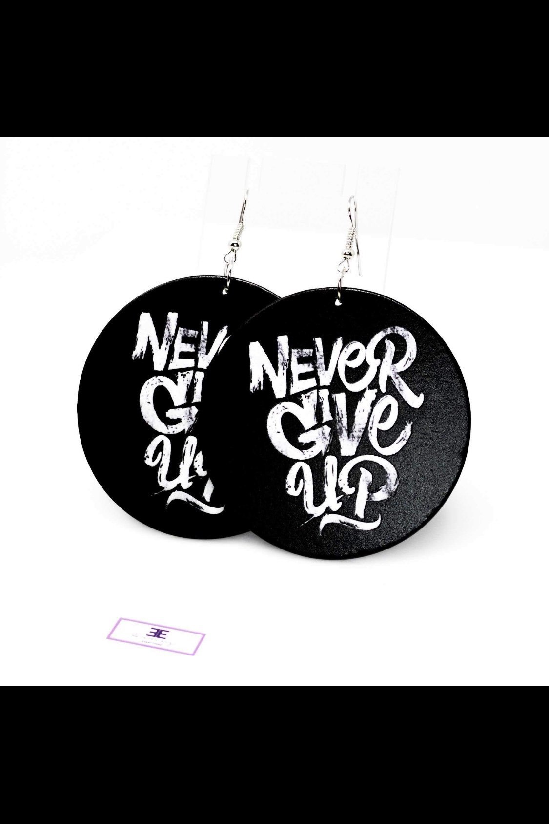 Hoops - Never Give Up earrings featuring handmade wooden design with gray and black colors, showcasing a stylish round shape.