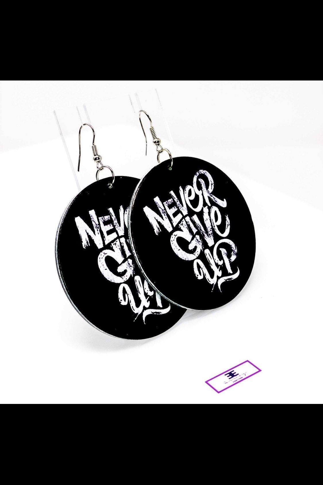 Hoops - Never Give Up earrings featuring handmade wooden design with gray and black colors, showcasing a stylish round shape.