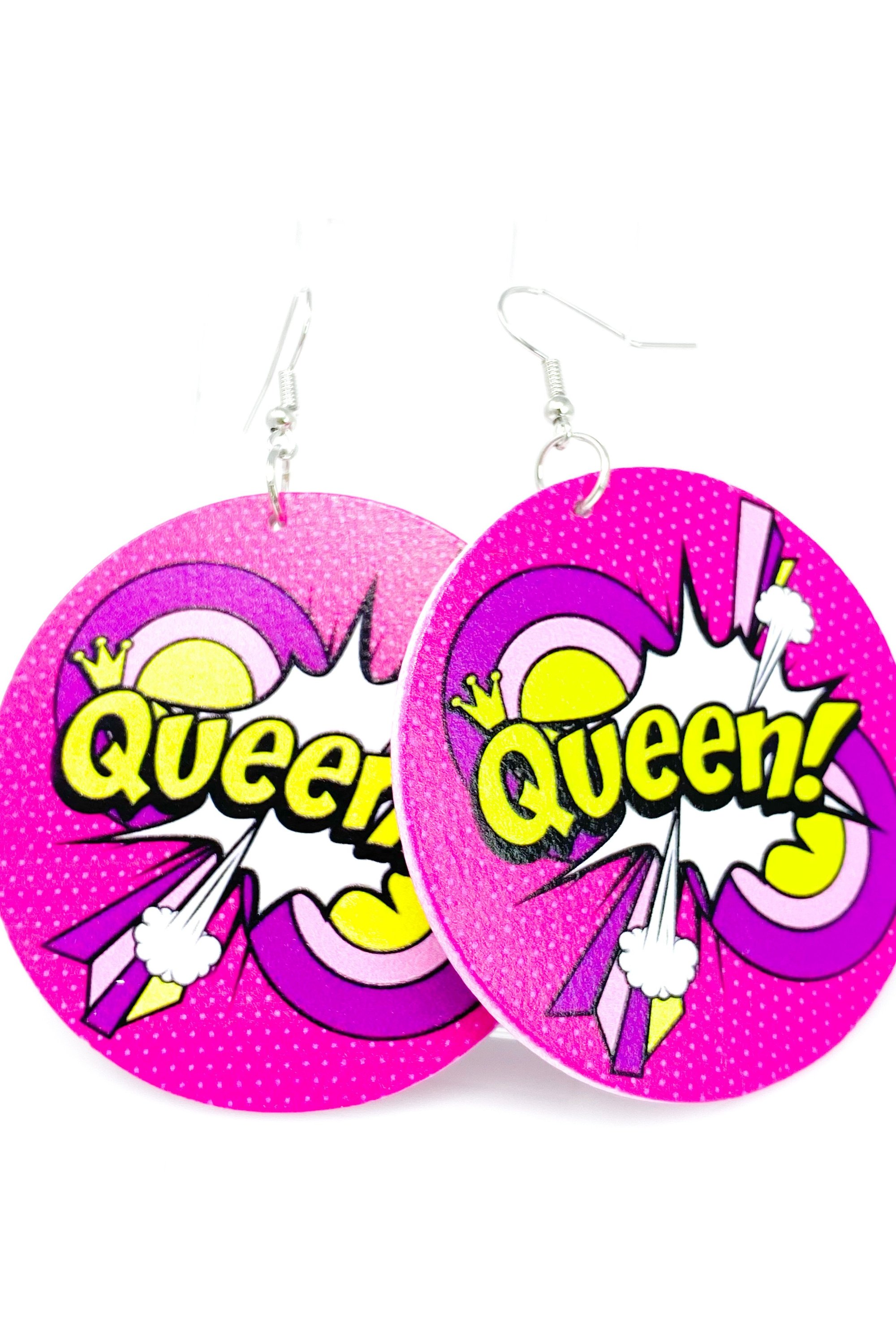 Hoops - Queen! Handmade wooden hoop drop earrings in white, pink, and purple with nickel-free brass ear hooks.