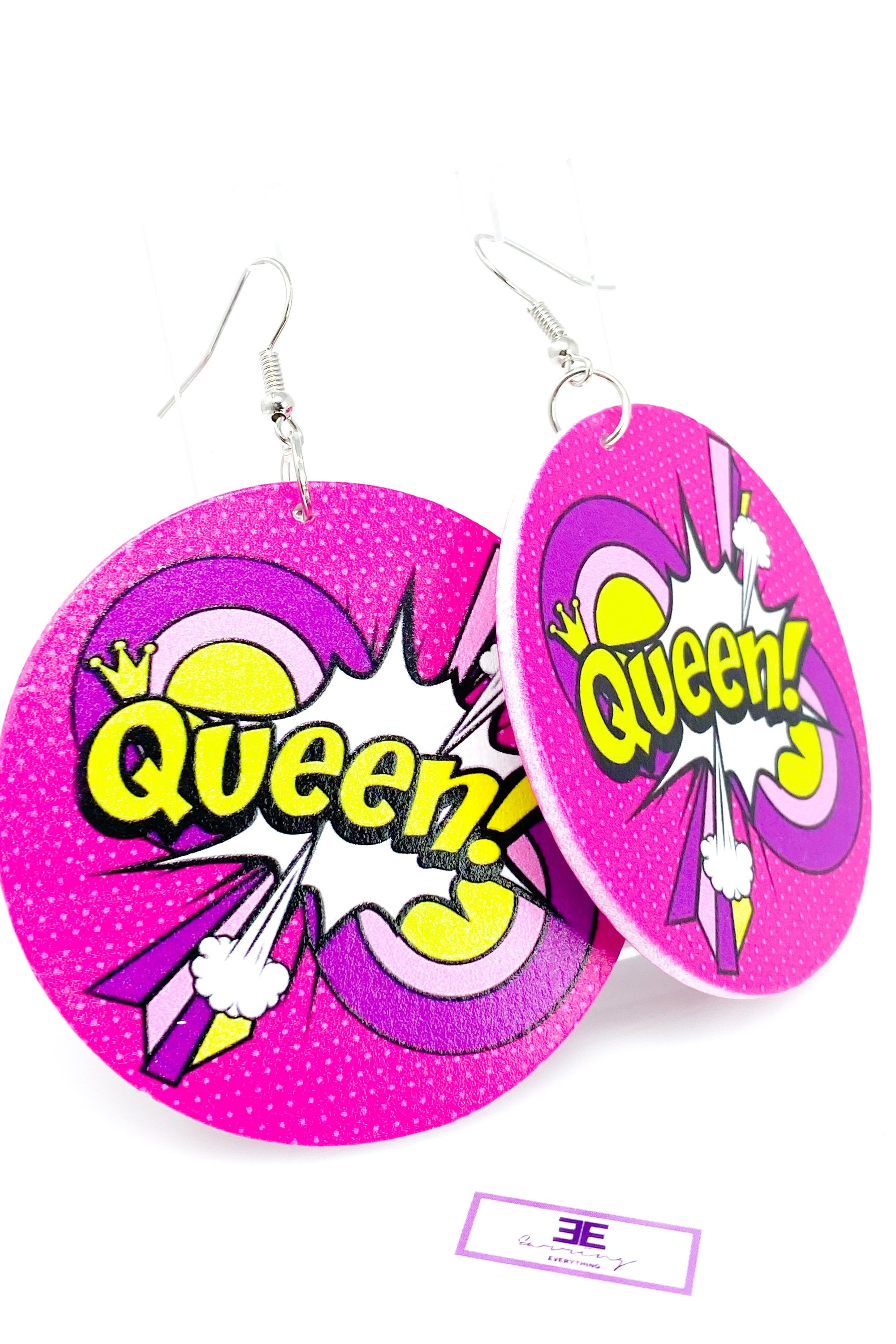 Hoops - Queen! Handmade wooden hoop drop earrings in white, pink, and purple with nickel-free brass ear hooks.