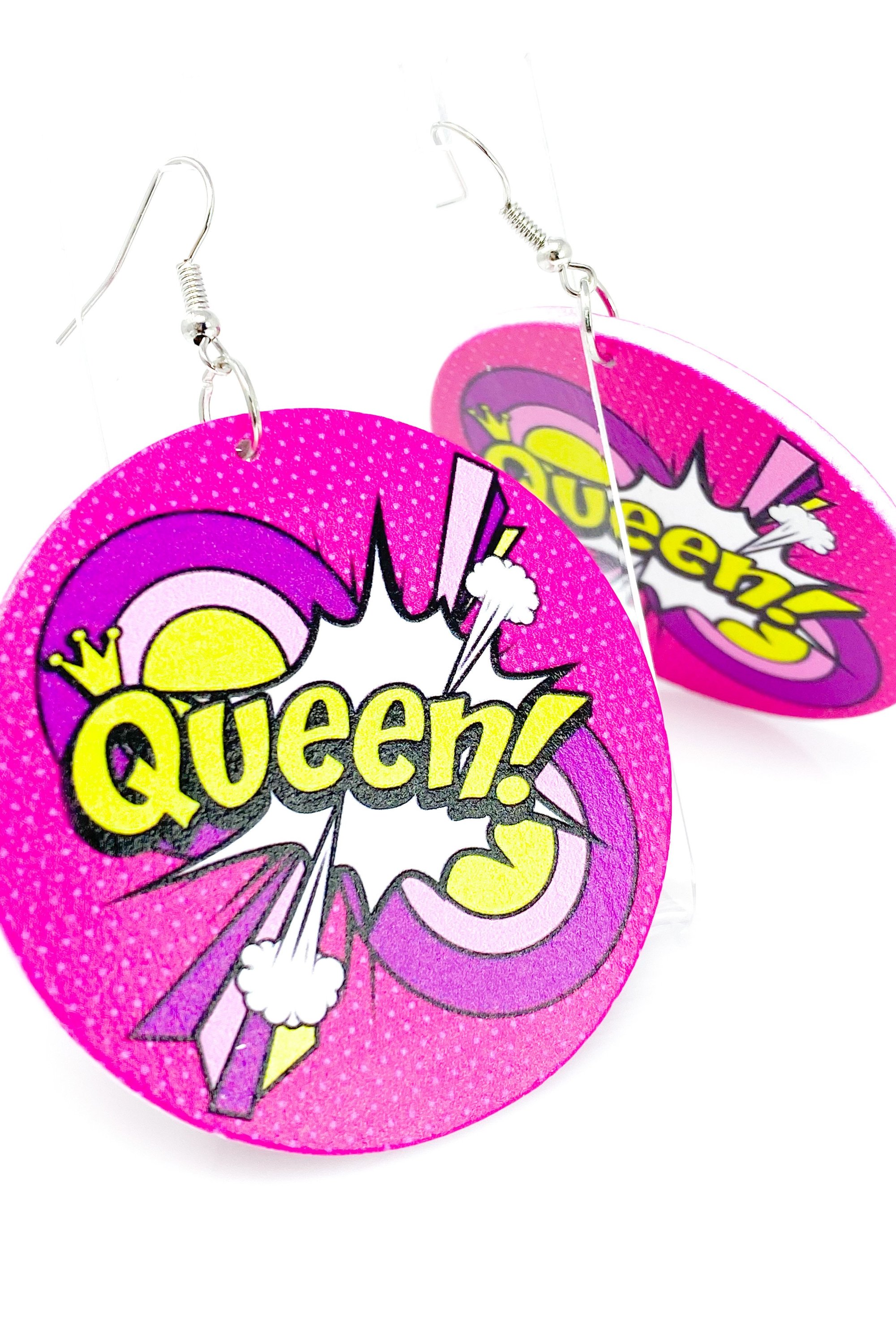 Hoops - Queen! Handmade wooden hoop drop earrings in white, pink, and purple with nickel-free brass ear hooks.