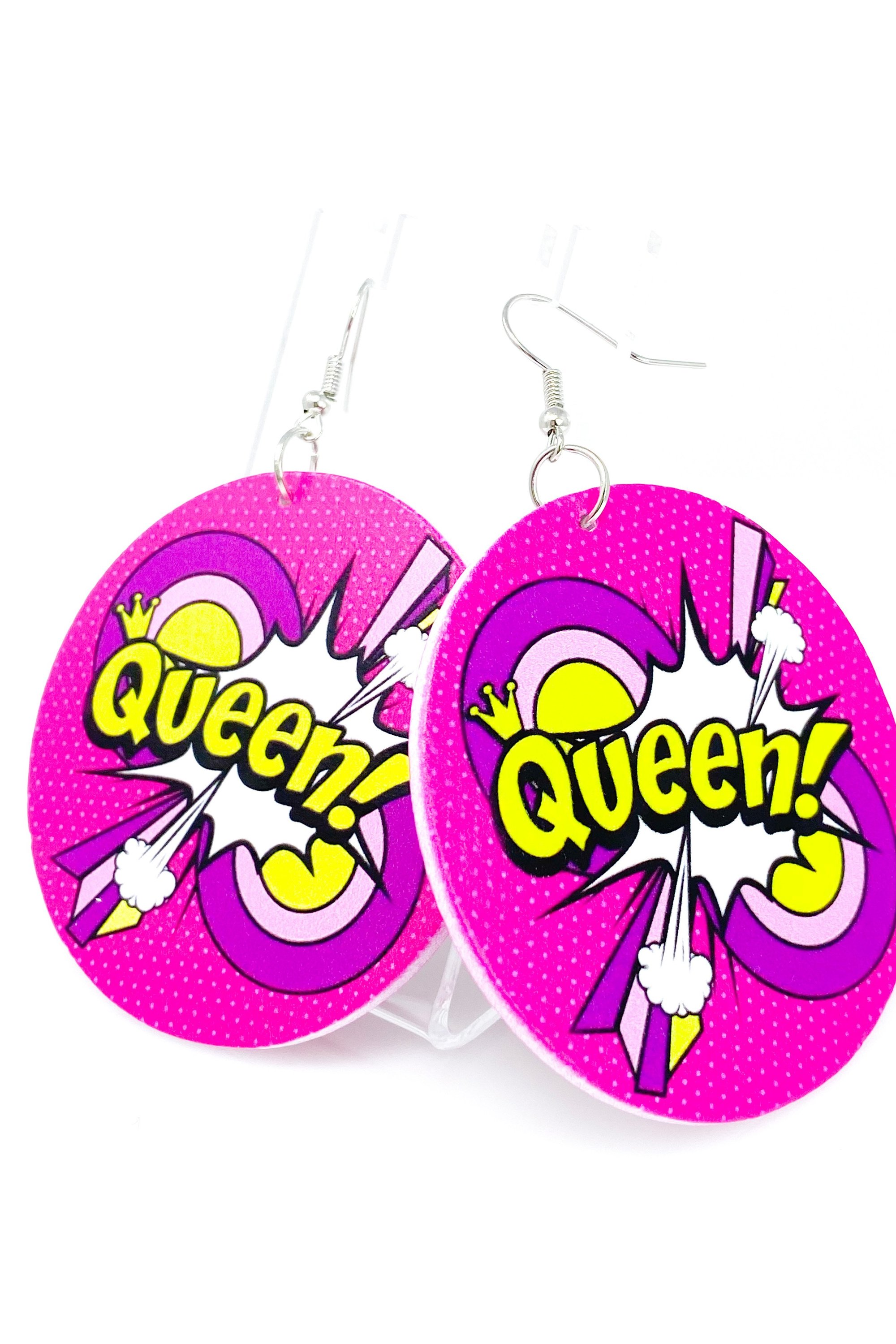 Hoops - Queen! Handmade wooden hoop drop earrings in white, pink, and purple with nickel-free brass ear hooks.