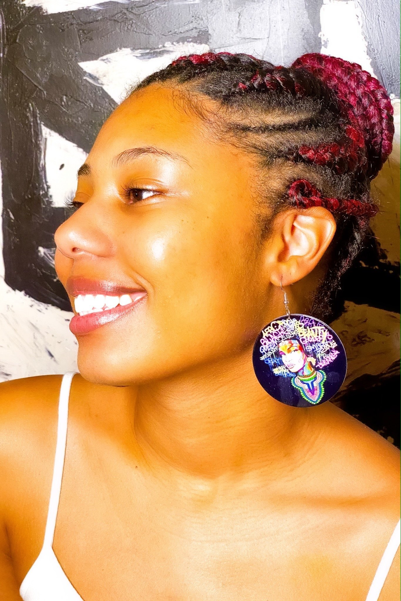 Hoops - Queenie wooden hoop drop earrings in black, pink, and purple colors with brass ear hooks.