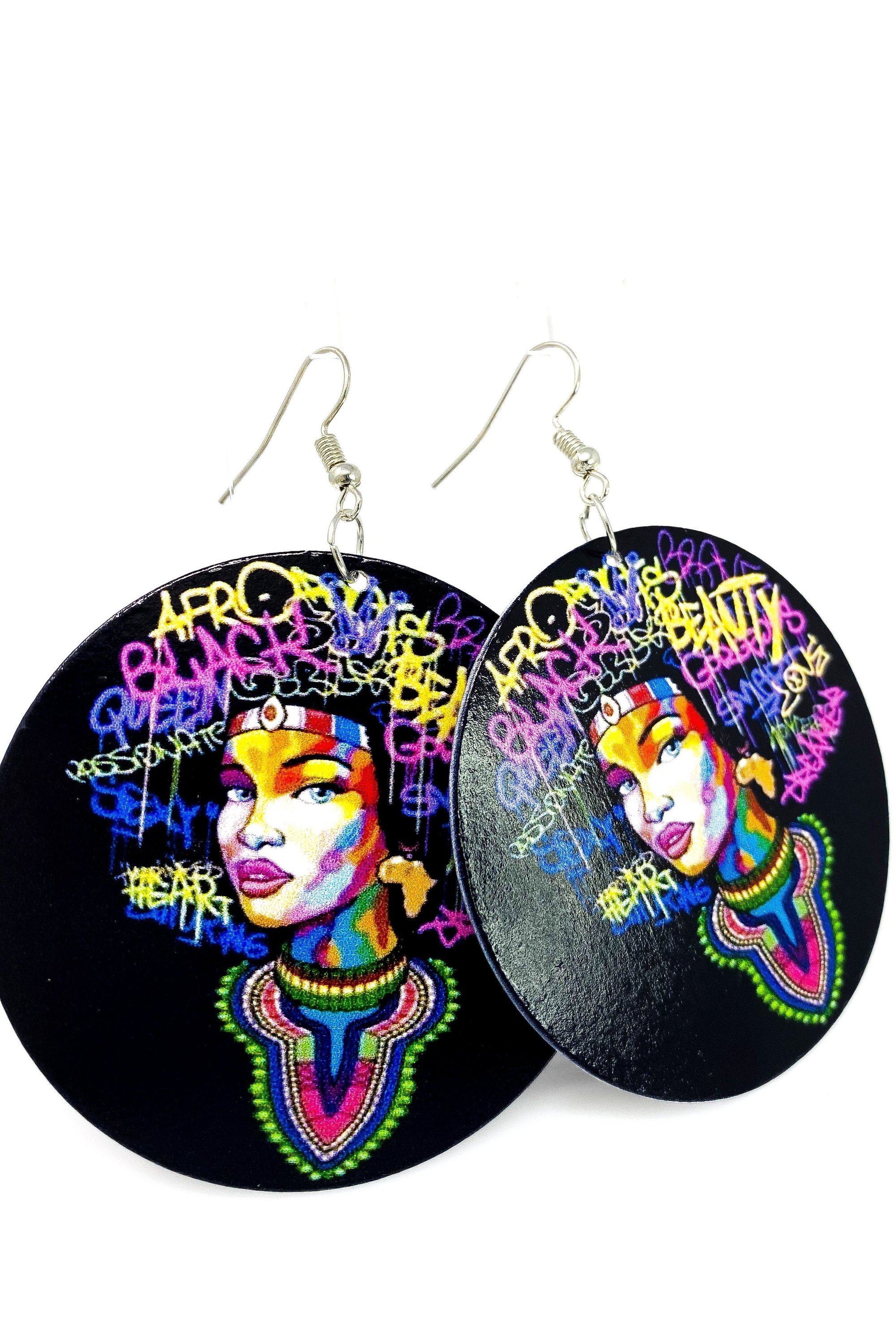 Hoops - Queenie wooden hoop drop earrings in black, pink, and purple colors with brass ear hooks.