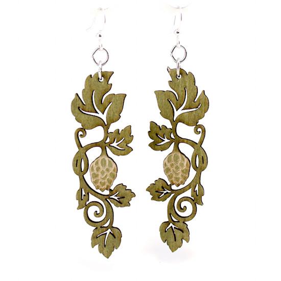 Hoppy Vine Earrings in Apple Green, showcasing intricate botanical design made from sustainably sourced wood.