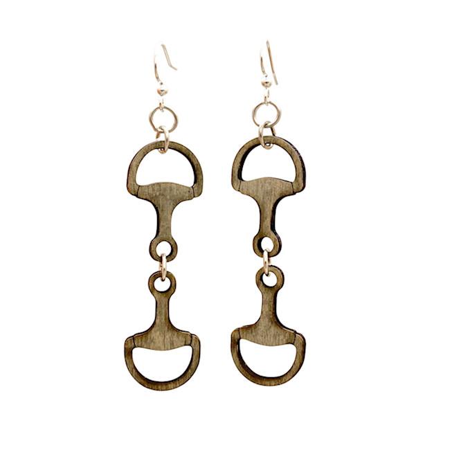 A pair of elegant Horse Bit Earrings #T144 made from sustainably sourced wood, featuring a gray stain and silver-finished stainless steel ear wires.