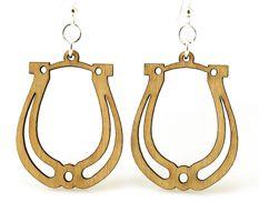 A pair of tan horse shoe earrings made from sustainably sourced wood, featuring silver-finished stainless steel ear wires.