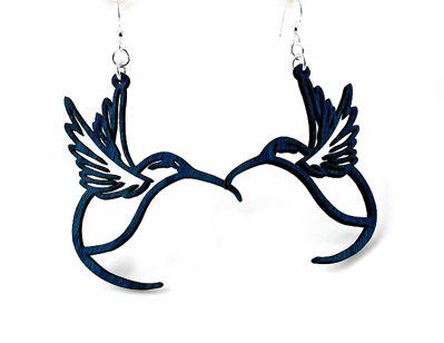 A pair of royal blue Hummingbird Earrings #1269 made from sustainably sourced wood, featuring intricate laser-cut designs and hypoallergenic stainless steel ear wires.