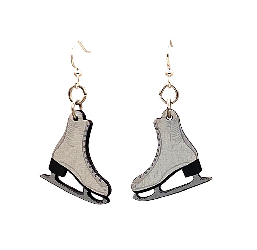 A pair of stylish Ice Skate Earrings made from sustainably sourced wood, featuring a unique laser-cut design and silver-finished hypoallergenic ear wires.