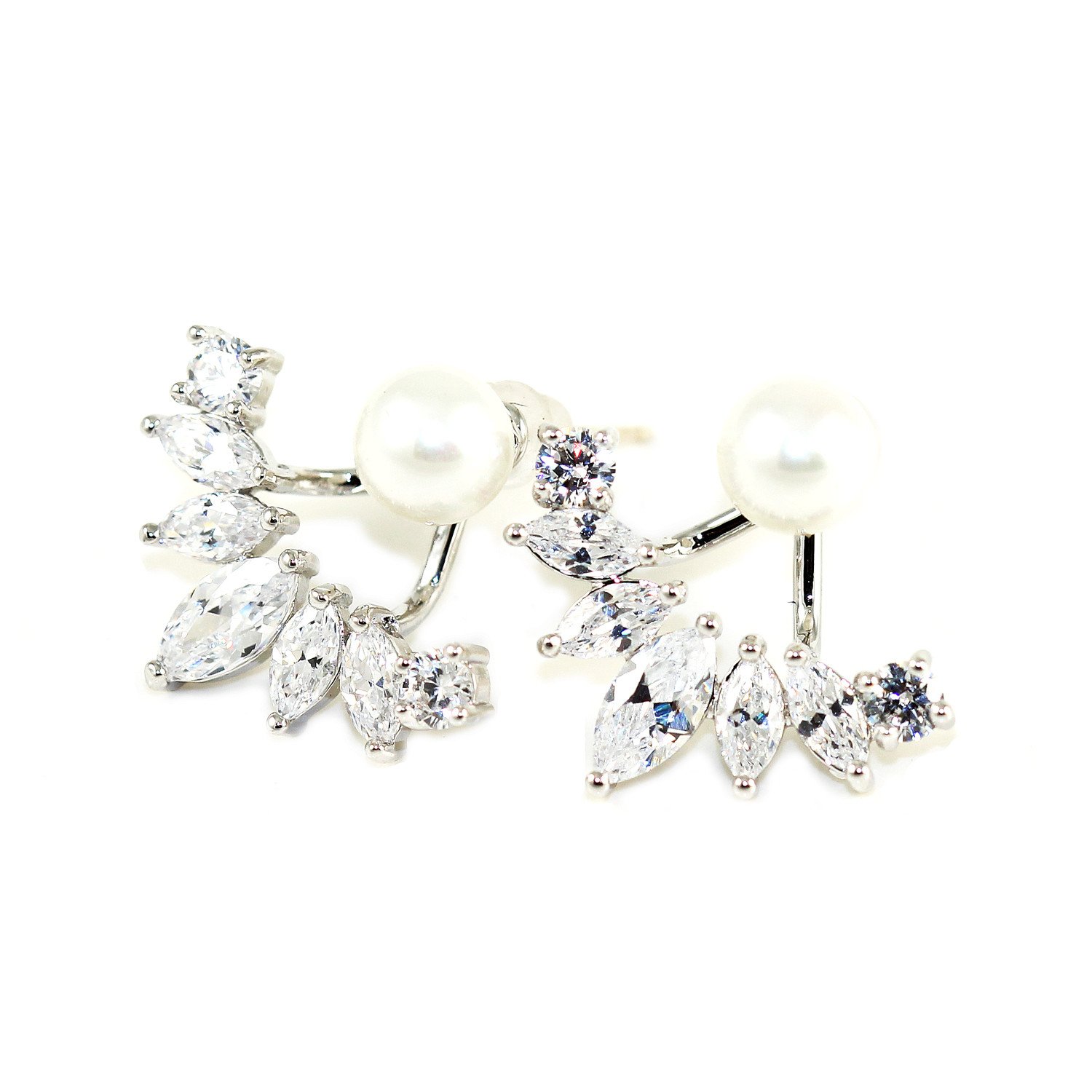 Iced Pearl Ear Jacket featuring 18k gold plating and cubic zirconia crystals with a white pearl stud.