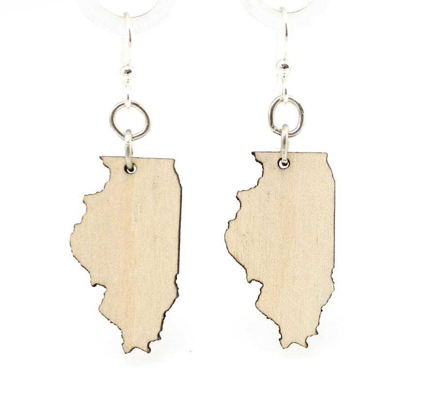 Illinois State Earrings S013 made from natural wood, featuring a lightweight laser-cut design with hypoallergenic stainless steel ear wires.