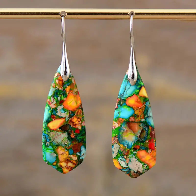 A pair of handmade Imperial Jasper Oasis Earrings showcasing unique patterns and colors, perfect for bohemian style.