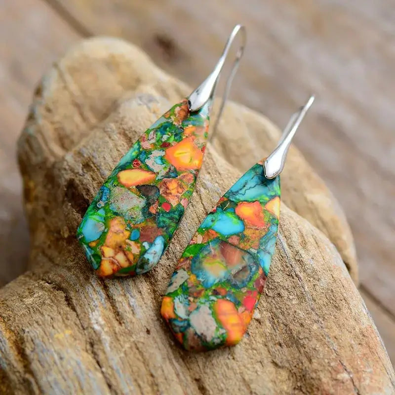 A pair of handmade Imperial Jasper Oasis Earrings showcasing unique patterns and colors, perfect for bohemian style.