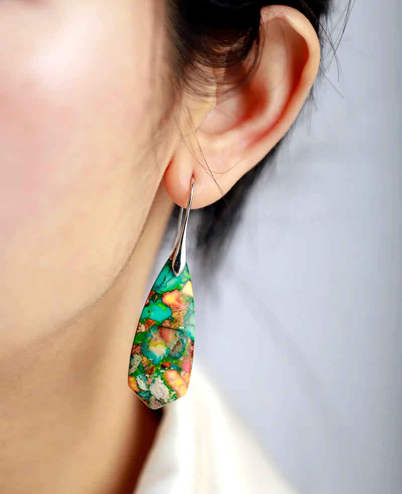 A pair of handmade Imperial Jasper Oasis Earrings showcasing unique patterns and colors, perfect for bohemian style.