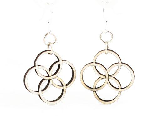 Integrated Circle Blossoms #118 earrings made from sustainably sourced wood with silver-finished stainless steel ear wires, showcasing a natural wood finish.