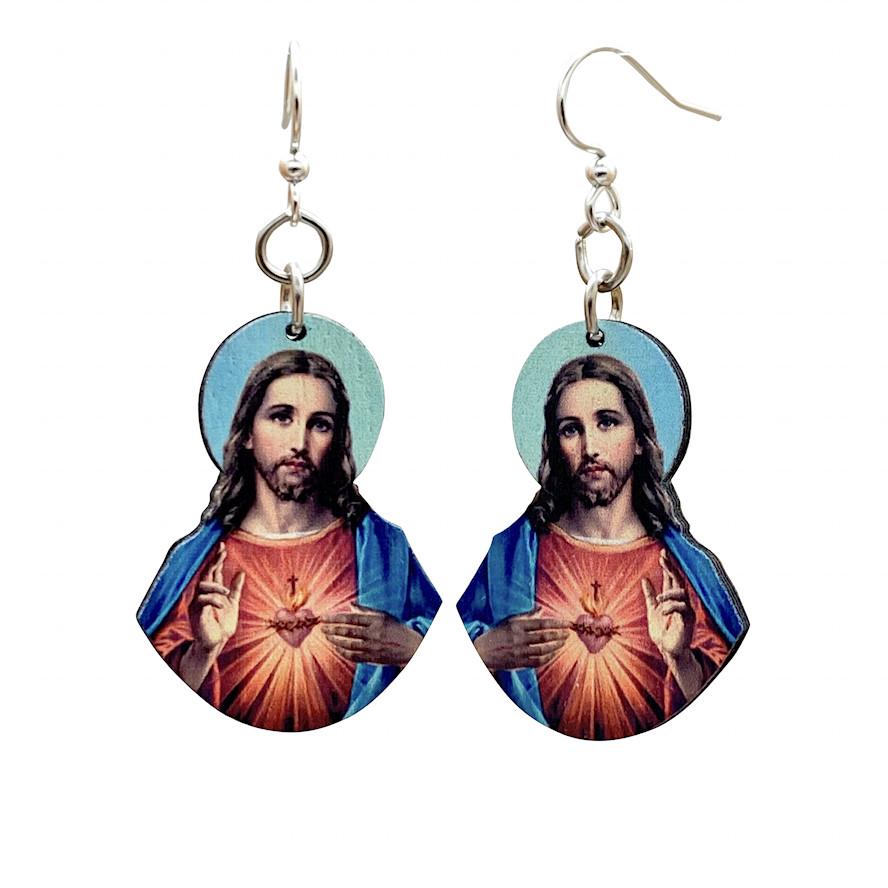 A pair of Jesus Earrings #T073 made from sustainably sourced wood with a laser-cut design and silver-finished stainless steel ear wires.