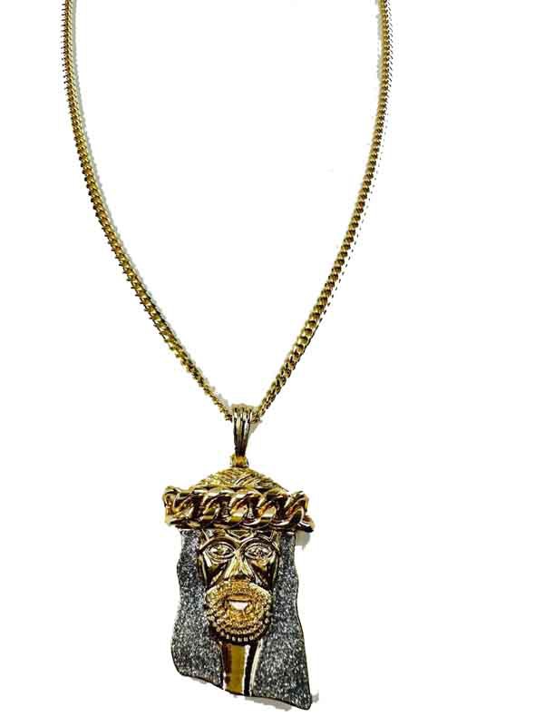 A long necklace featuring a detailed Jesus pendant, approximately 30 inches in length, with a lobster claw clasp.