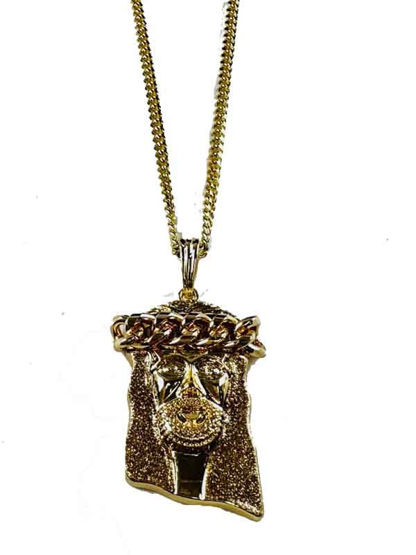 A long necklace featuring a detailed Jesus pendant, approximately 30 inches in length, with a lobster claw clasp.