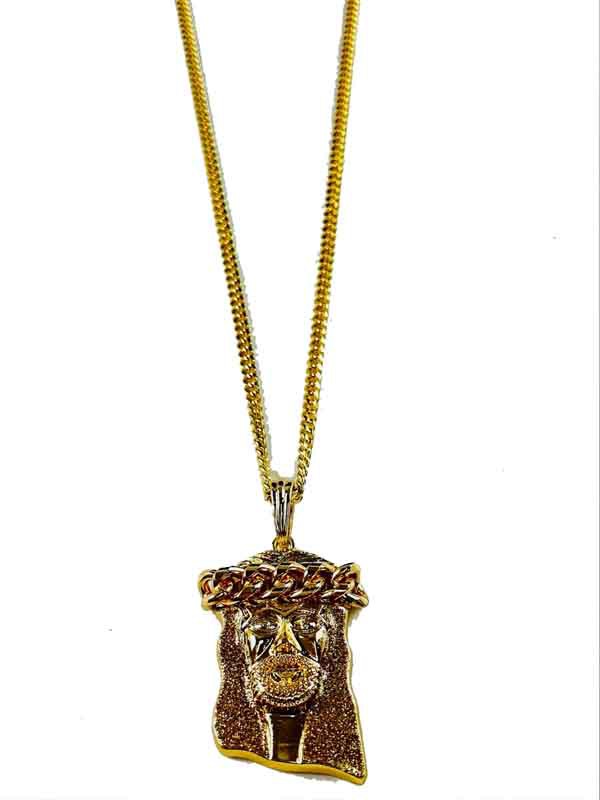 A long necklace featuring a detailed Jesus pendant, approximately 30 inches in length, with a lobster claw clasp.