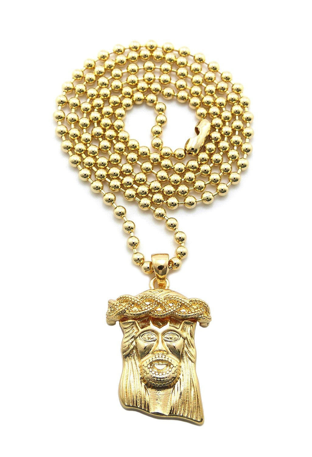 A stylish JESUS PENDANT NECKLACE featuring a detailed Jesus pendant on a 30-inch chain with a lobster claw clasp.