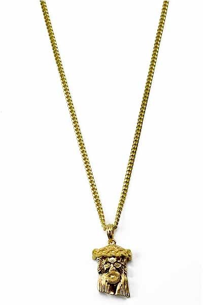 A stylish JESUS PENDANT NECKLACE featuring a detailed Jesus pendant on a 30-inch chain with a lobster claw clasp.