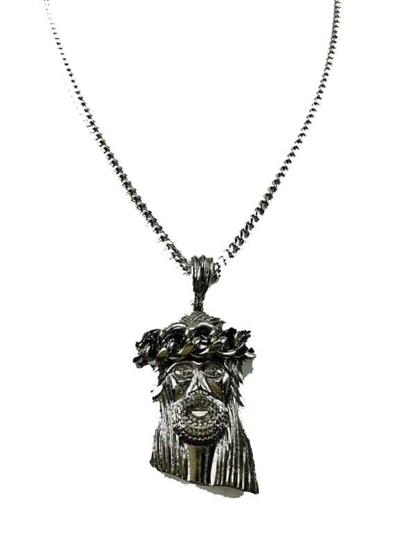 A stylish JESUS PENDANT NECKLACE featuring a detailed Jesus pendant on a 30-inch chain with a lobster claw clasp.