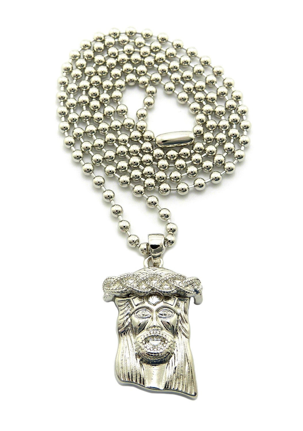 A stylish JESUS PENDANT NECKLACE featuring a detailed Jesus pendant on a 30-inch chain with a lobster claw clasp.