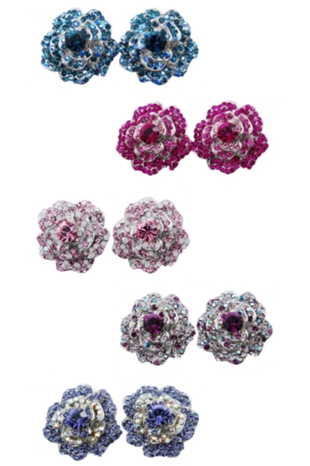 Elegant jeweled crystal flower earrings with a double plated finish, featuring a secure post back closure.