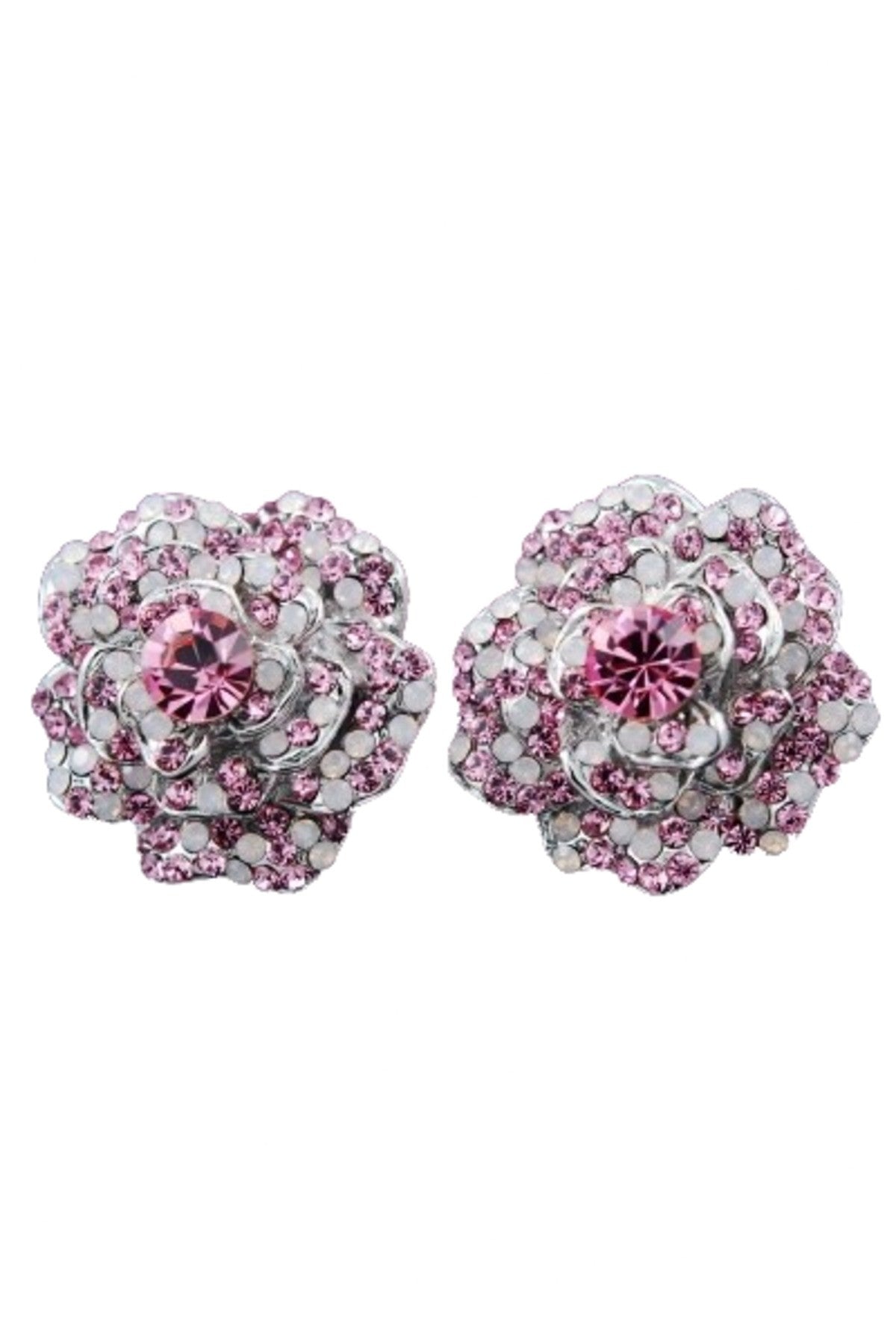 Elegant jeweled crystal flower earrings with a double plated finish, featuring a secure post back closure.