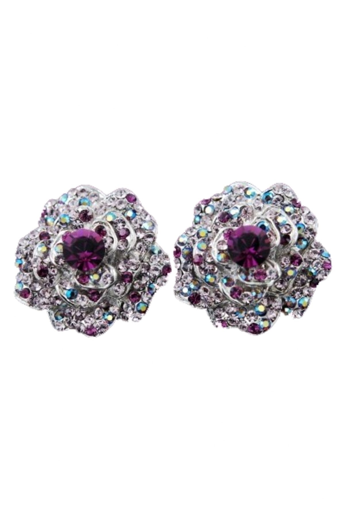 Elegant jeweled crystal flower earrings with a double plated finish, featuring a secure post back closure.