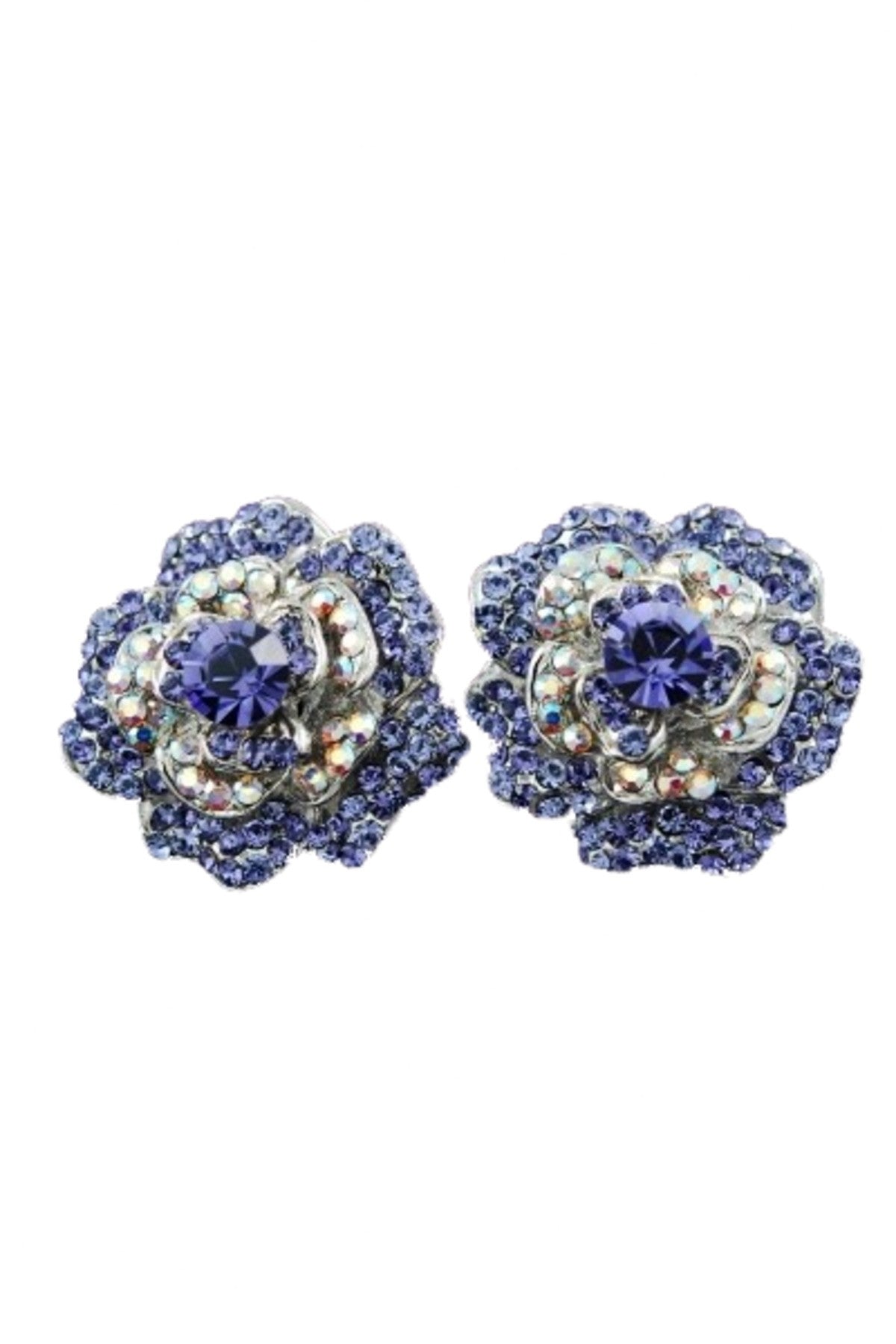 Elegant jeweled crystal flower earrings with a double plated finish, featuring a secure post back closure.