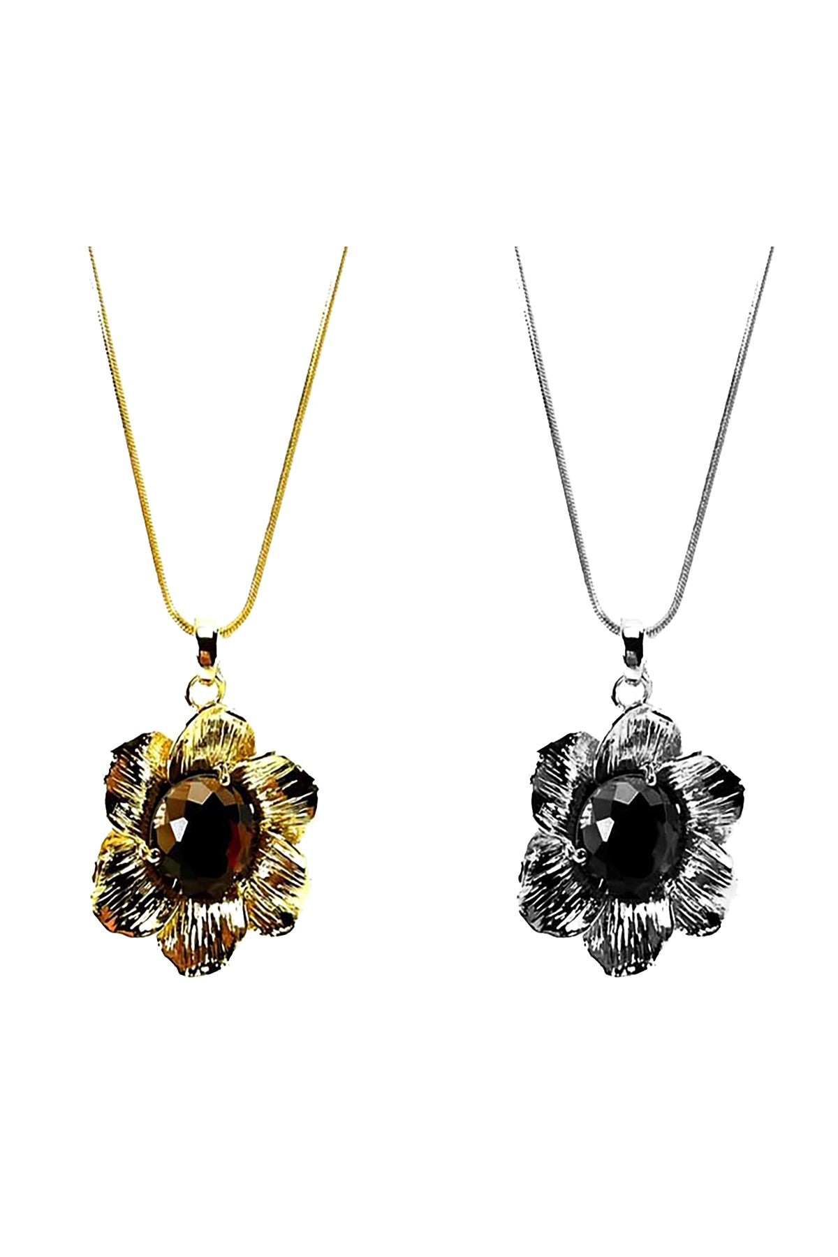 A stunning jeweled flower pendant necklace with double plating, featuring a delicate floral design and an 18-inch chain.