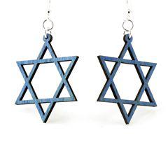 Jewish Star Earrings in Royal Blue, made from sustainable wood with silver-finished stainless steel ear wires.