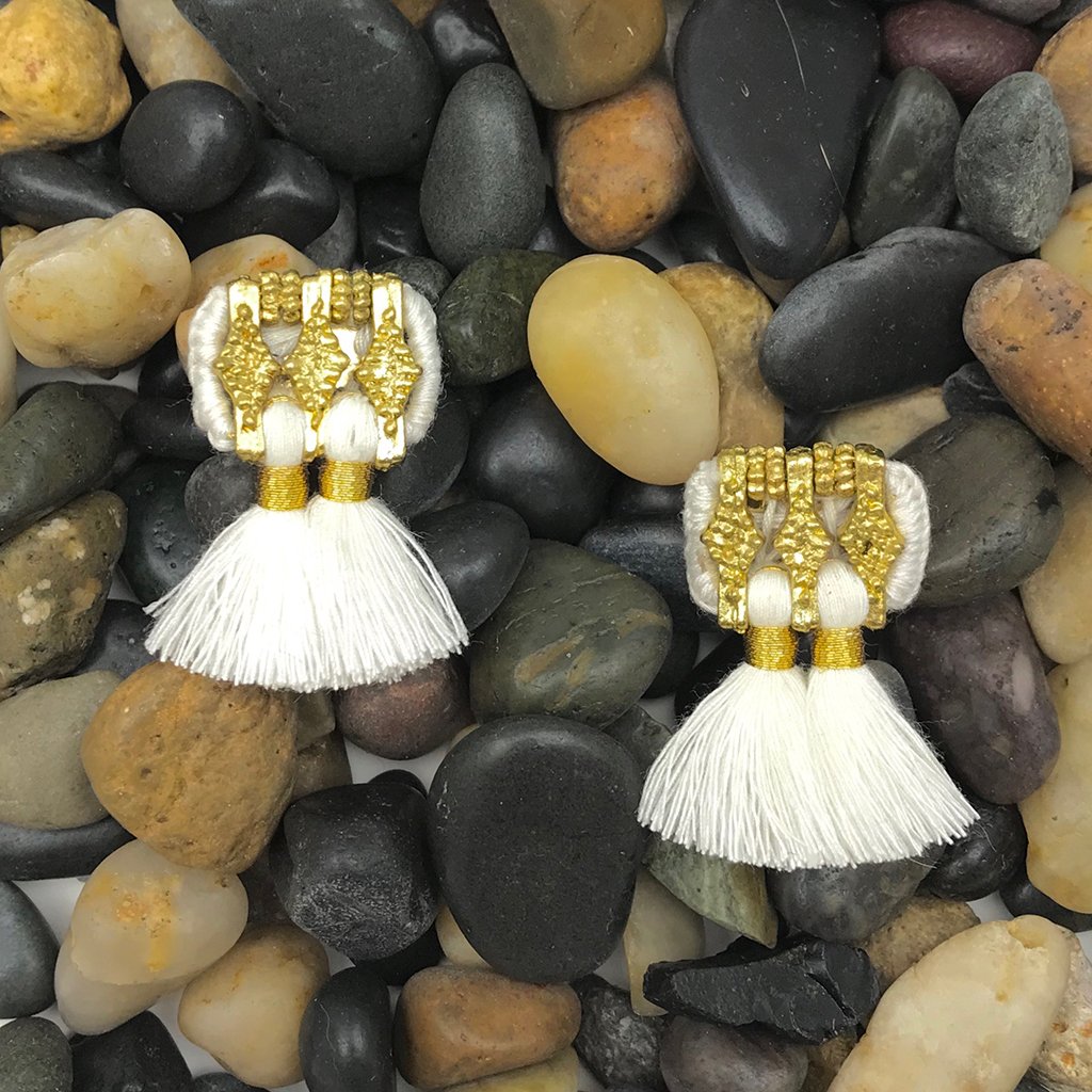 A pair of colorful Jhumka Earrings featuring tassels, handcrafted in India from zinc alloy and cotton, showcasing traditional Indian design.