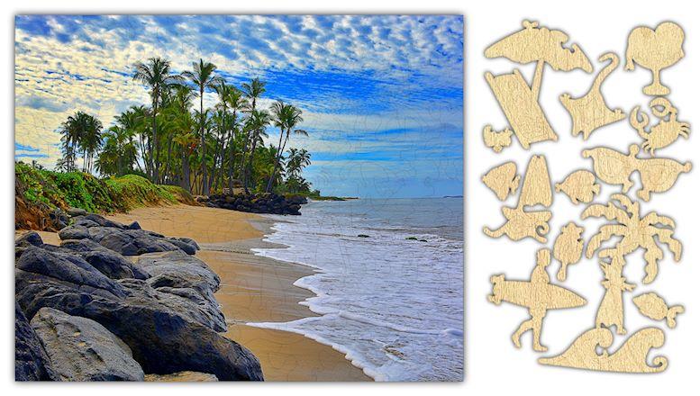 Kalepolepo Beach Jigsaw Puzzle #6807 featuring 154 pieces, showcasing vibrant beach artwork in a cardboard box with burlap bag.