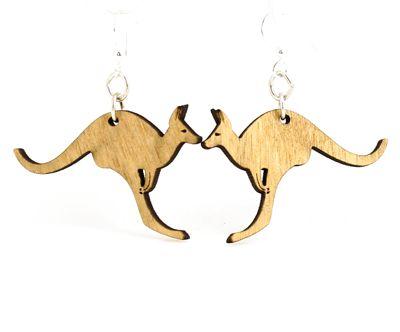 A pair of tan Kangaroo Earrings #1011, handcrafted from sustainably sourced wood with a unique laser-cut design, featuring hypoallergenic silver-finished ear wires.